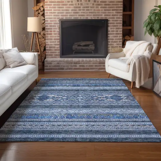 Navy Blue And Denim Blue Southwestern Washable Indoor Outdoor Area Rug Photo 9