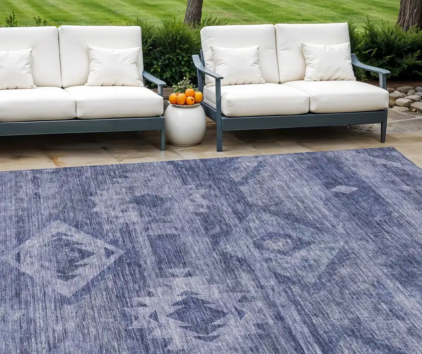 Navy Blue And Denim Blue Southwestern Washable Indoor Outdoor Area Rug Photo 1