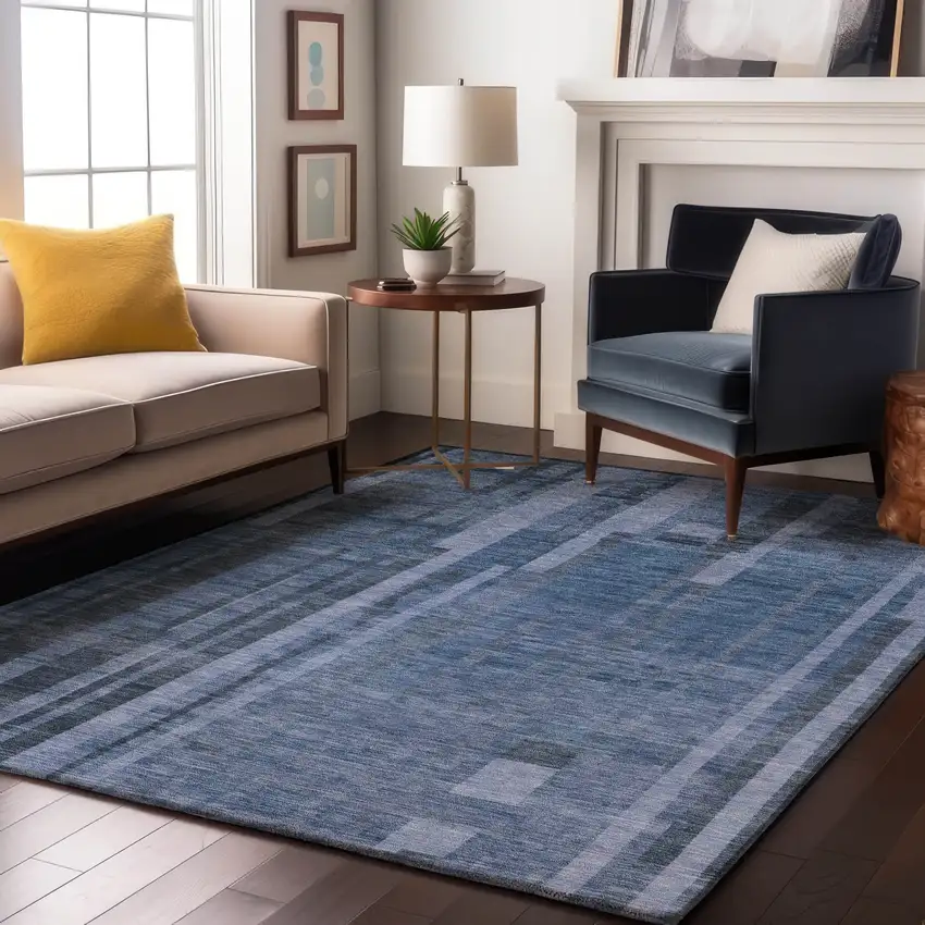 Navy Blue And Denim Blue Striped Washable Area Rug With UV Protection Photo 4