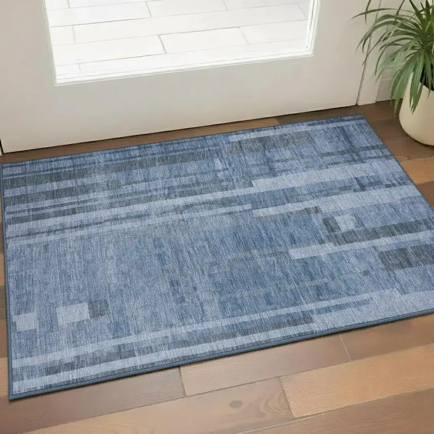 Navy Blue And Denim Blue Striped Washable Area Rug With UV Protection Photo 2
