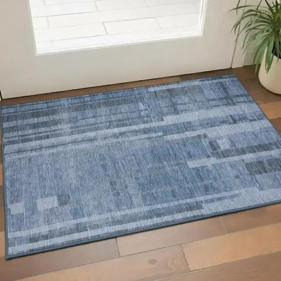 Navy Blue And Denim Blue Striped Washable Area Rug With UV Protection Photo 2