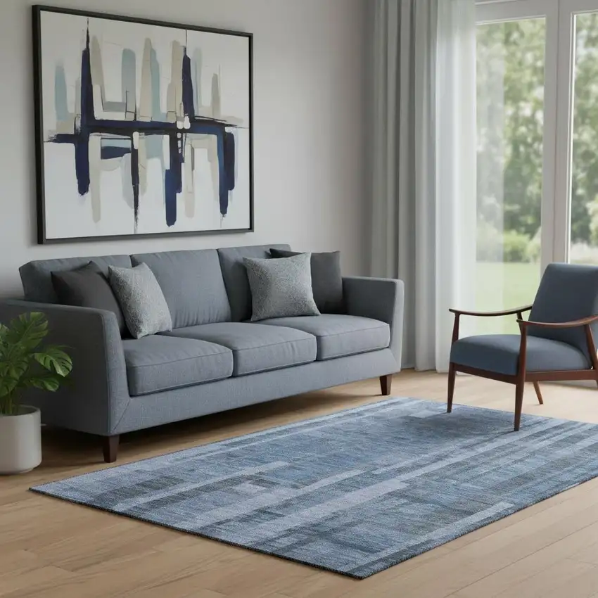 Navy Blue And Denim Blue Striped Washable Area Rug With UV Protection Photo 2