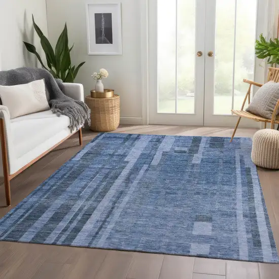Navy Blue And Denim Blue Striped Washable Area Rug With UV Protection Photo 4