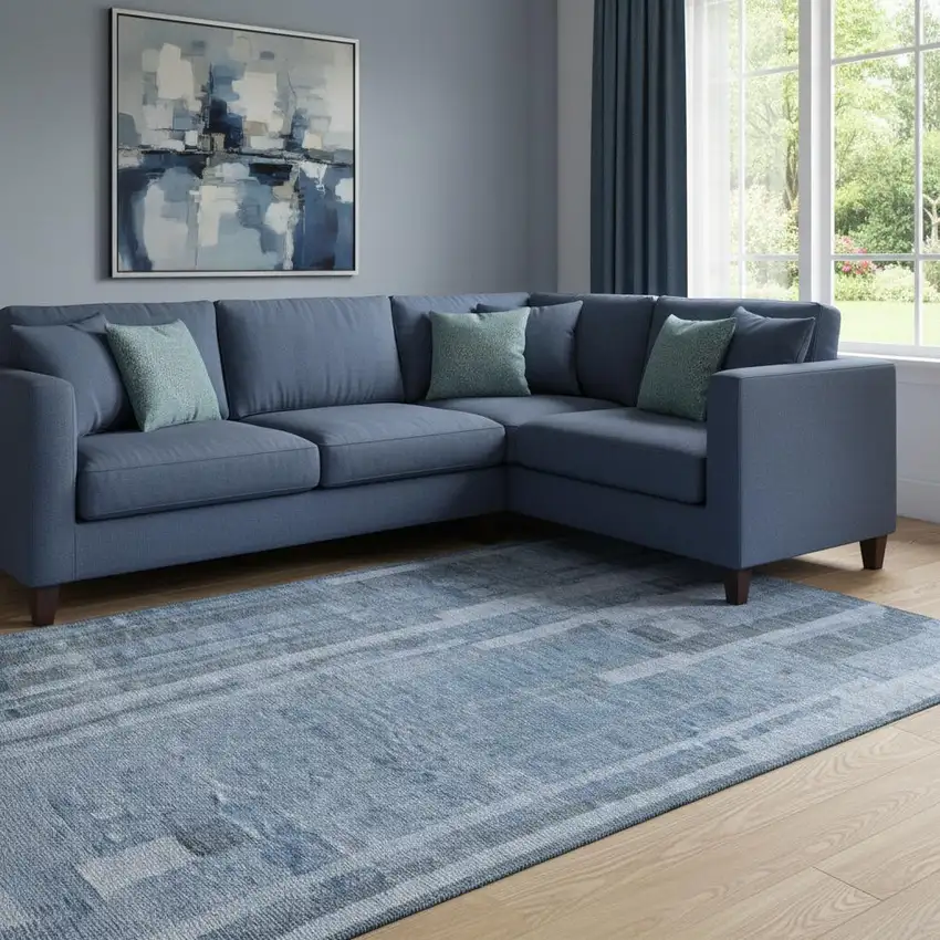 Navy Blue And Denim Blue Striped Washable Area Rug With UV Protection Photo 2