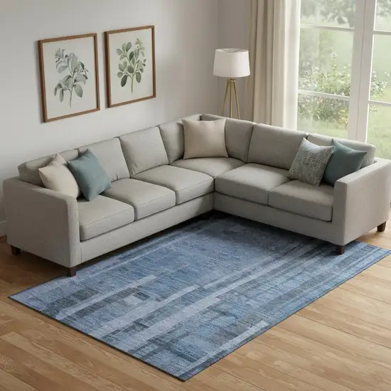 Navy Blue And Denim Blue Striped Washable Area Rug With UV Protection Photo 2