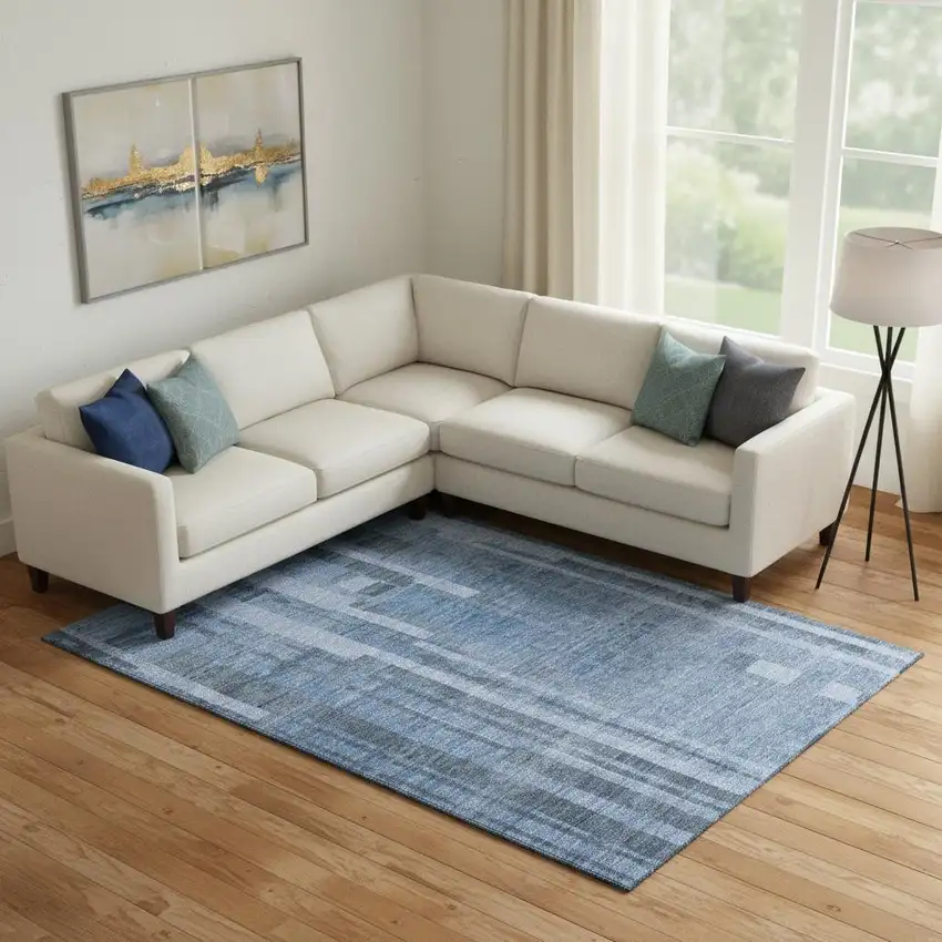 Navy Blue And Denim Blue Striped Washable Area Rug With UV Protection Photo 2