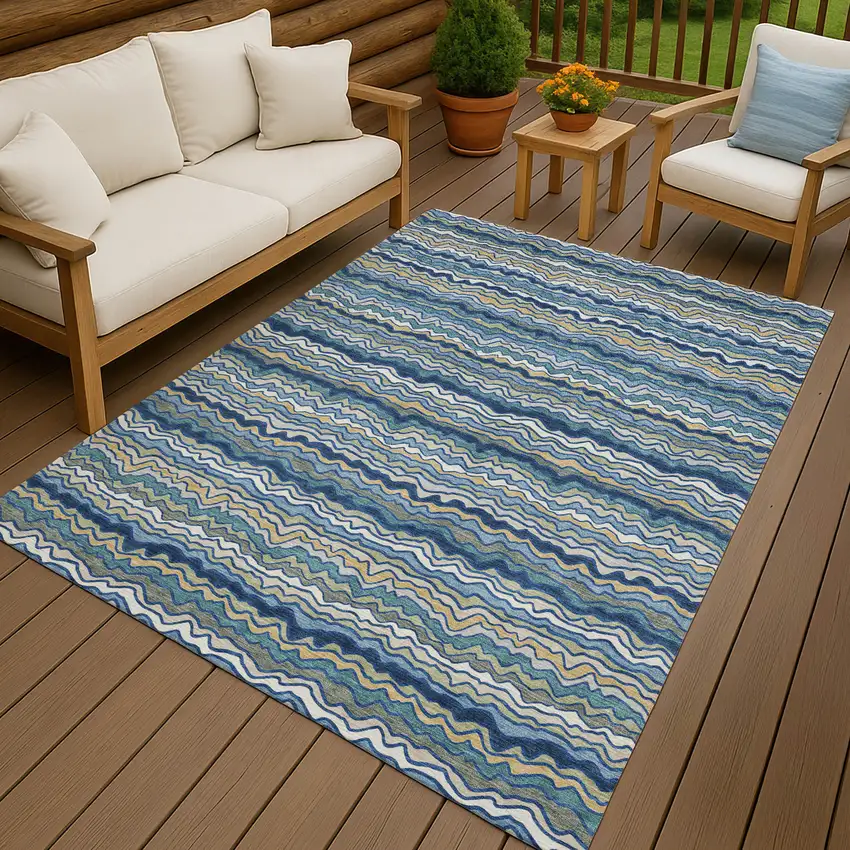 Navy Blue And Denim Blue Striped Washable Indoor Outdoor Area Rug Photo 4