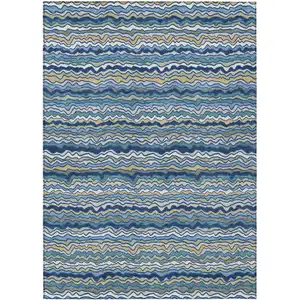 Photo of Navy Blue And Denim Blue Striped Washable Indoor Outdoor Area Rug