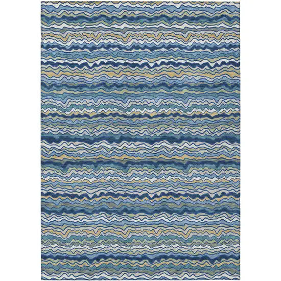 Navy Blue And Denim Blue Striped Washable Indoor Outdoor Area Rug Photo 1