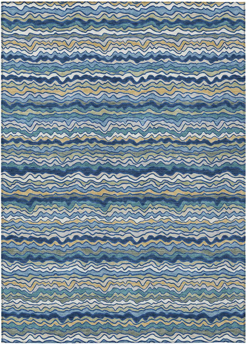 Navy Blue And Denim Blue Striped Washable Indoor Outdoor Area Rug Photo 1