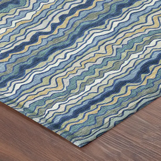 Navy Blue And Denim Blue Striped Washable Indoor Outdoor Area Rug Photo 8
