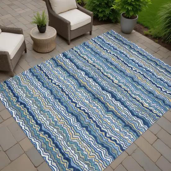 Navy Blue And Denim Blue Striped Washable Indoor Outdoor Area Rug Photo 7