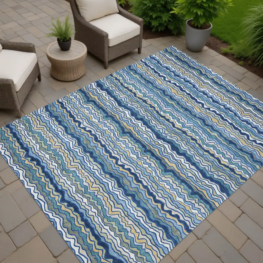 Navy Blue And Denim Blue Striped Washable Indoor Outdoor Area Rug Photo 7