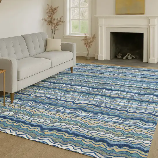 Navy Blue And Denim Blue Striped Washable Indoor Outdoor Area Rug Photo 6