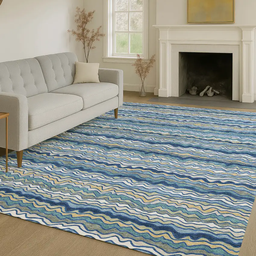 Navy Blue And Denim Blue Striped Washable Indoor Outdoor Area Rug Photo 6