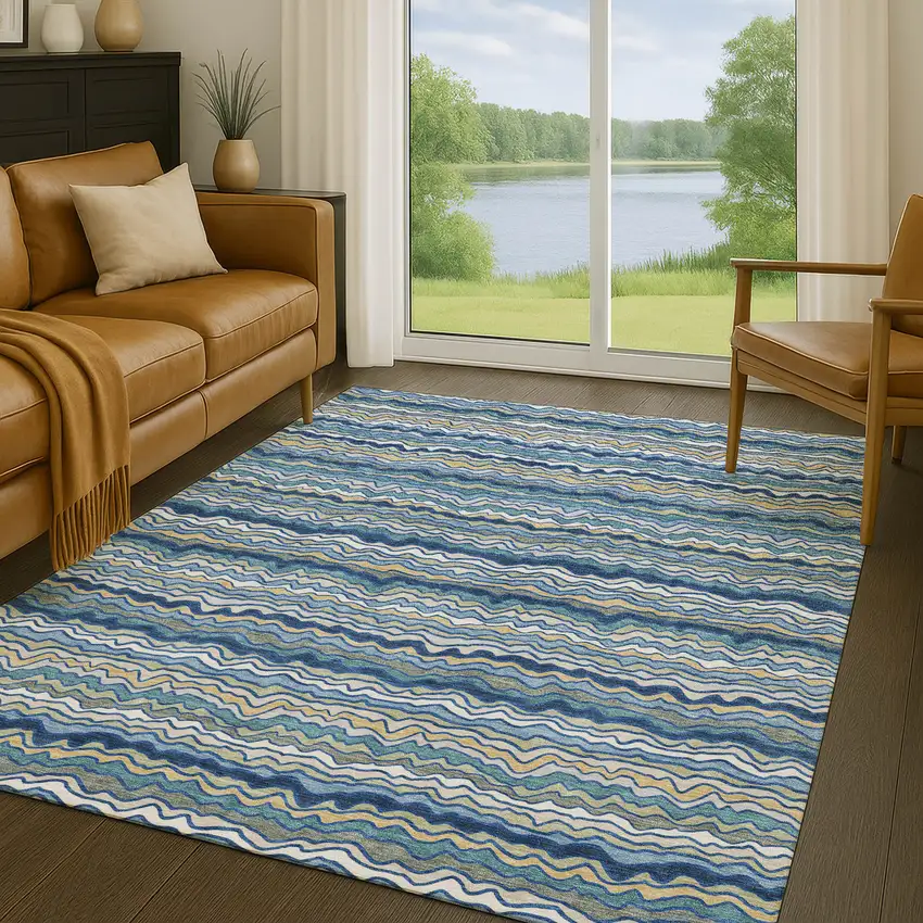 Navy Blue And Denim Blue Striped Washable Indoor Outdoor Area Rug Photo 5
