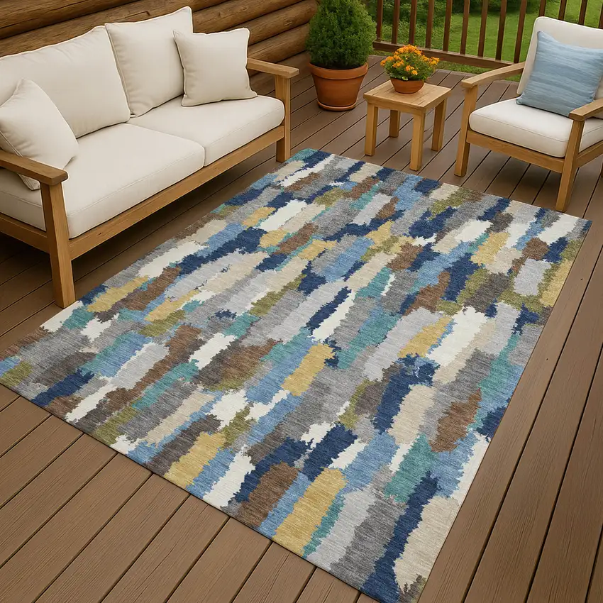 Navy Blue And Denim Blue Striped Washable Indoor Outdoor Area Rug Photo 4