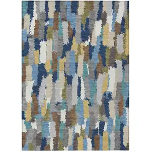 Photo of Navy Blue And Denim Blue Striped Washable Indoor Outdoor Area Rug