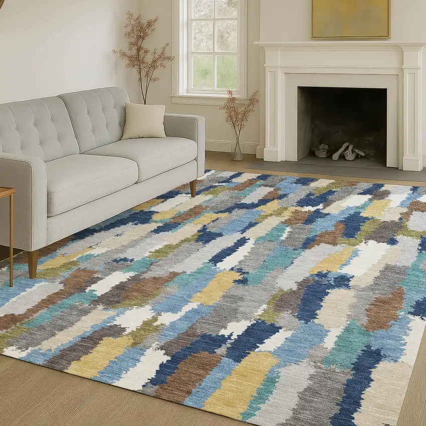 Navy Blue And Denim Blue Striped Washable Indoor Outdoor Area Rug Photo 6