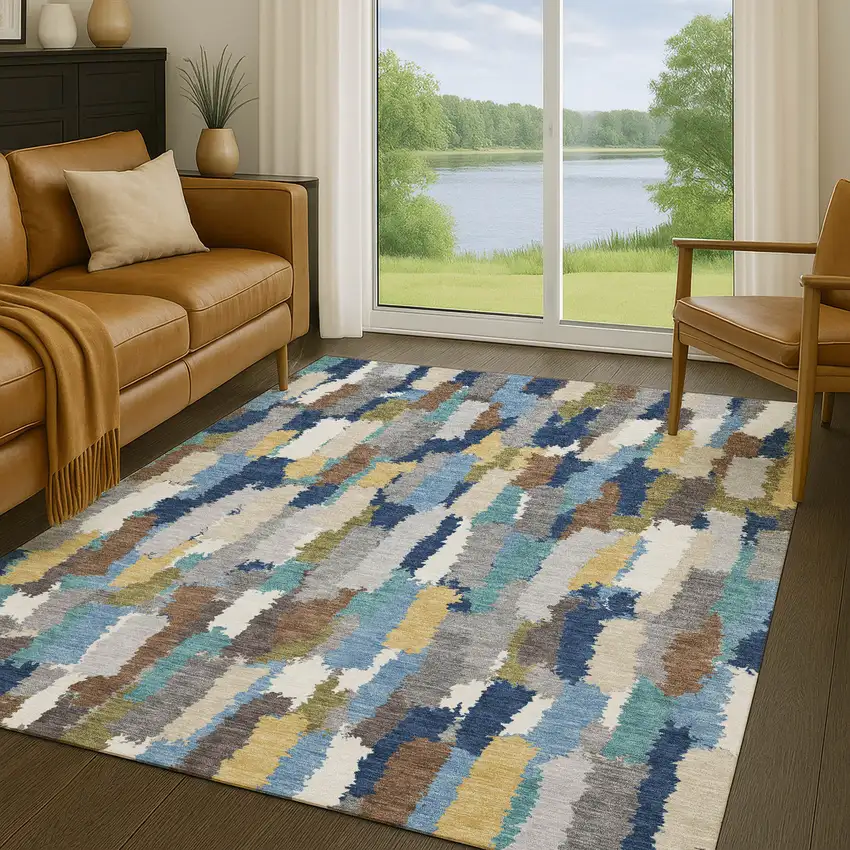 Navy Blue And Denim Blue Striped Washable Indoor Outdoor Area Rug Photo 5