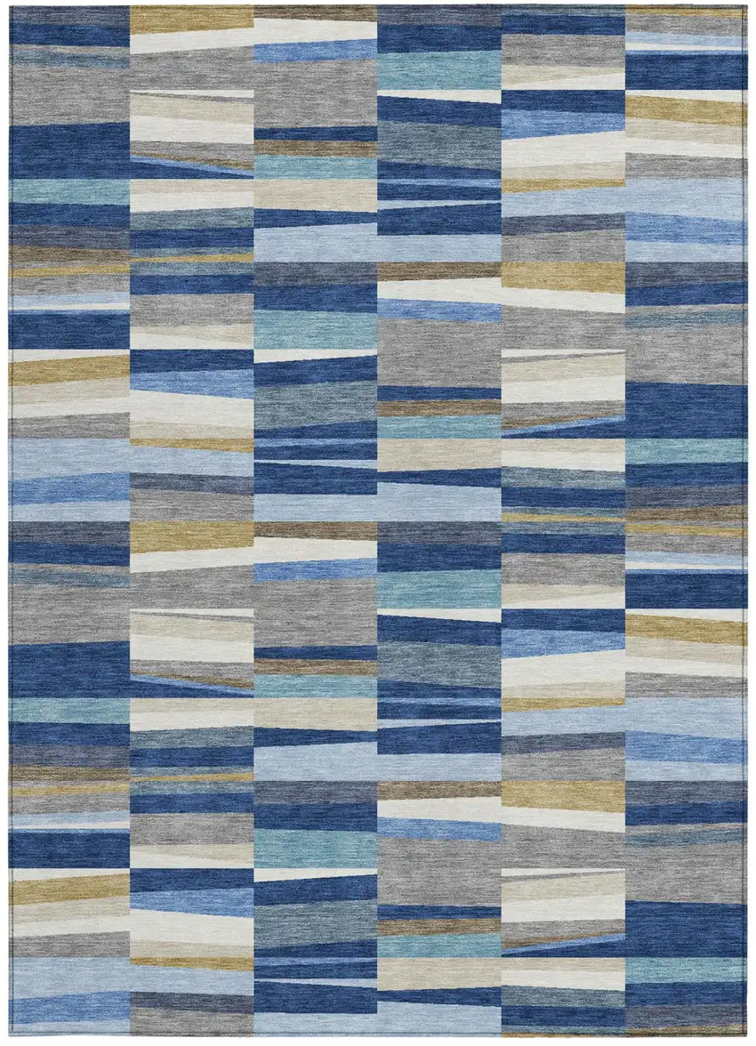 Navy Blue And Denim Blue Striped Washable Indoor Outdoor Area Rug Photo 3
