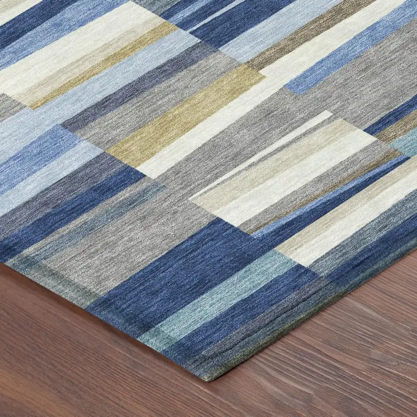 Navy Blue And Denim Blue Striped Washable Indoor Outdoor Area Rug Photo 4