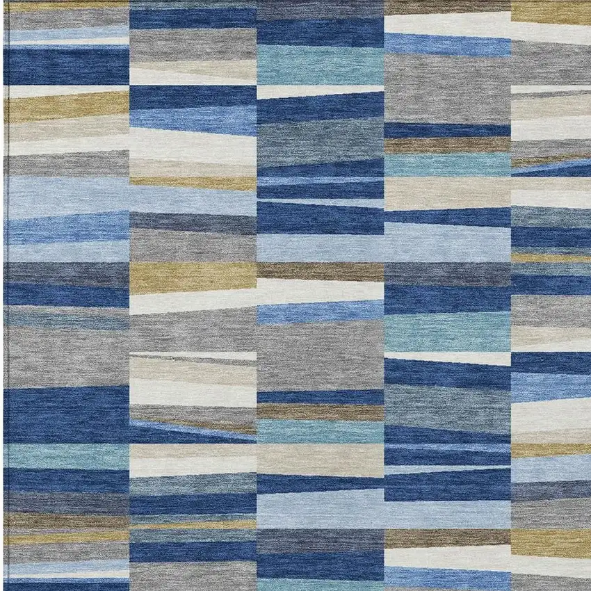 Navy Blue And Denim Blue Striped Washable Indoor Outdoor Area Rug Photo 2