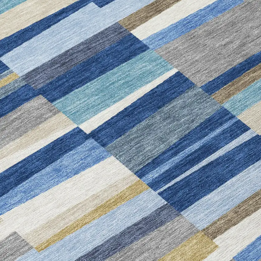 Navy Blue And Denim Blue Striped Washable Indoor Outdoor Area Rug Photo 5