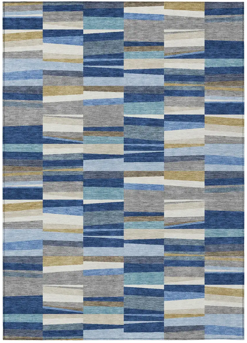 Navy Blue And Denim Blue Striped Washable Indoor Outdoor Area Rug Photo 1
