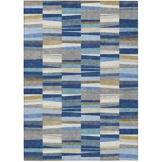 Navy Blue And Denim Blue Striped Washable Indoor Outdoor Area Rug Photo 1