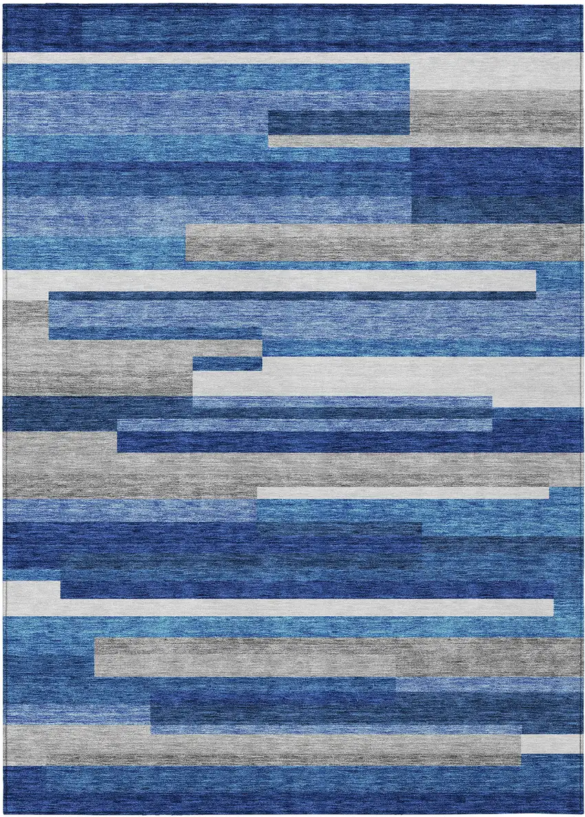 Navy Blue And Denim Blue Striped Washable Indoor Outdoor Area Rug Photo 2