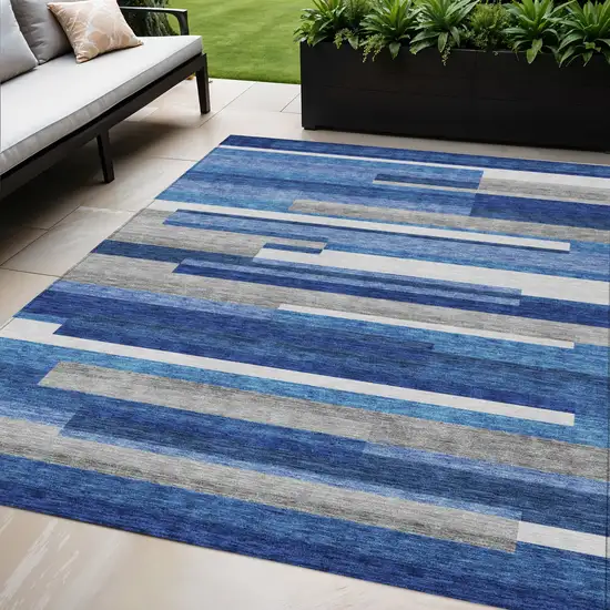 Navy Blue And Denim Blue Striped Washable Indoor Outdoor Area Rug Photo 1