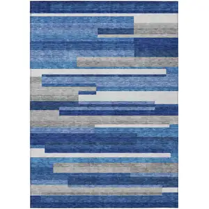 Photo of Navy Blue And Denim Blue Striped Washable Indoor Outdoor Area Rug