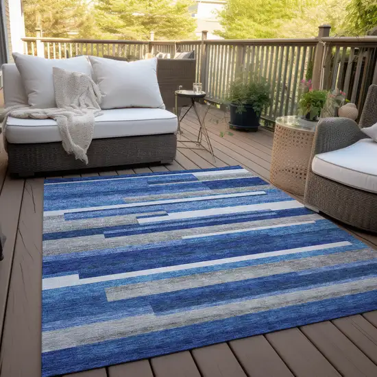 Navy Blue And Denim Blue Striped Washable Indoor Outdoor Area Rug Photo 9