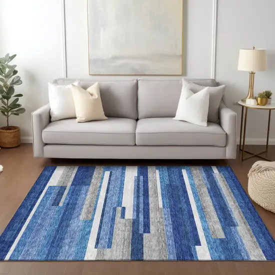 Navy Blue And Denim Blue Striped Washable Indoor Outdoor Area Rug Photo 8