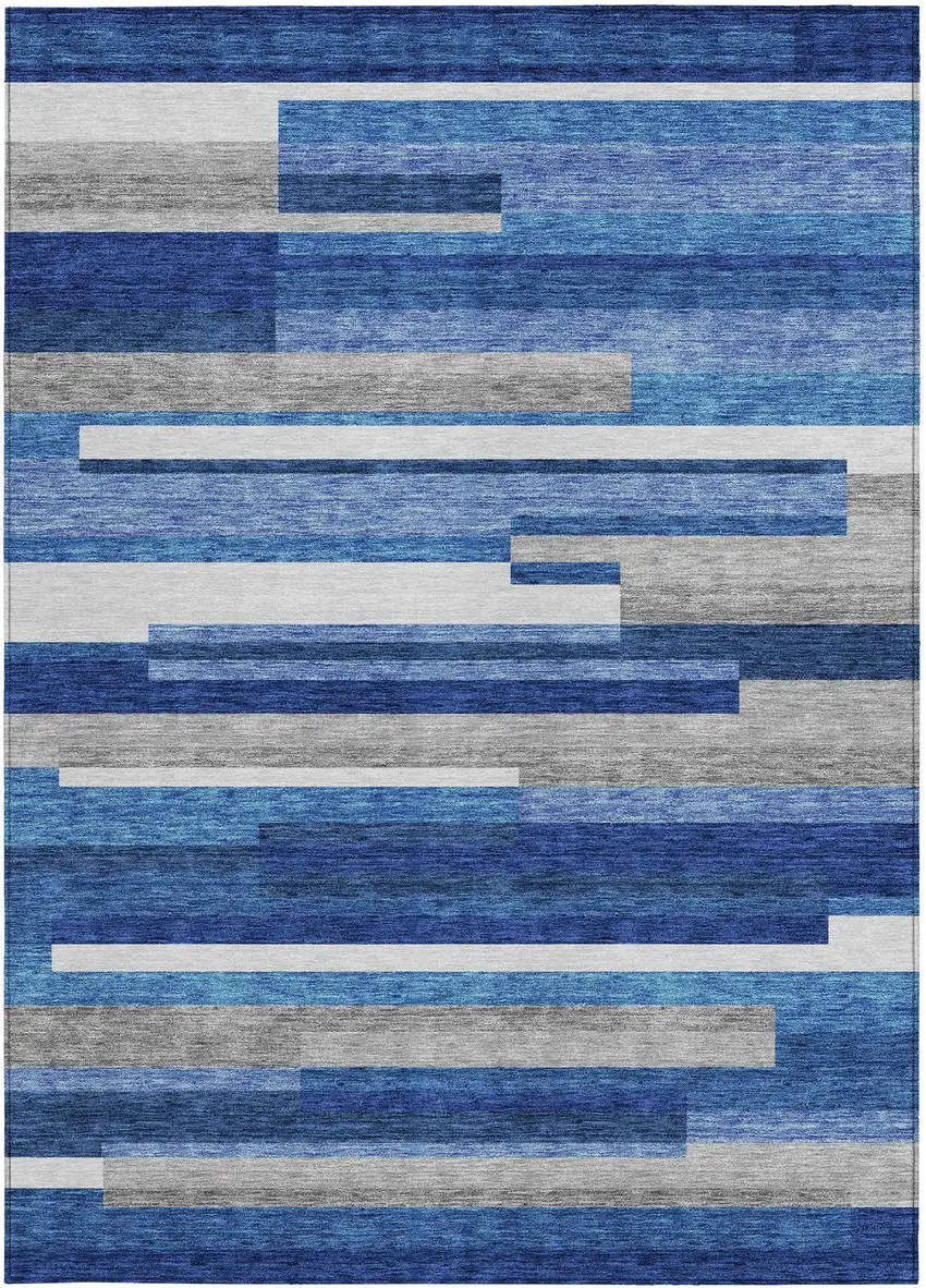 Navy Blue And Denim Blue Striped Washable Indoor Outdoor Area Rug Photo 5