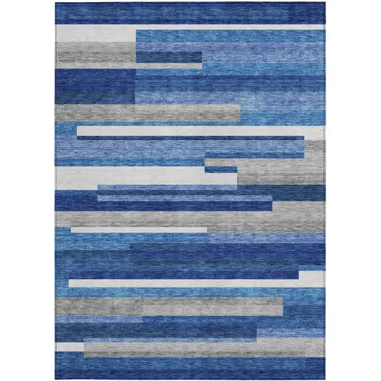 Navy Blue And Denim Blue Striped Washable Indoor Outdoor Area Rug Photo 5