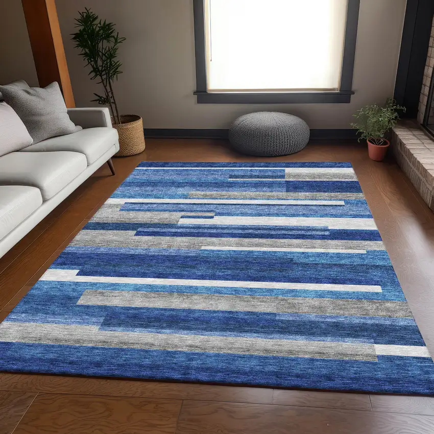 Navy Blue And Denim Blue Striped Washable Indoor Outdoor Area Rug Photo 6