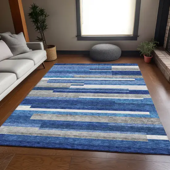 Navy Blue And Denim Blue Striped Washable Indoor Outdoor Area Rug Photo 6