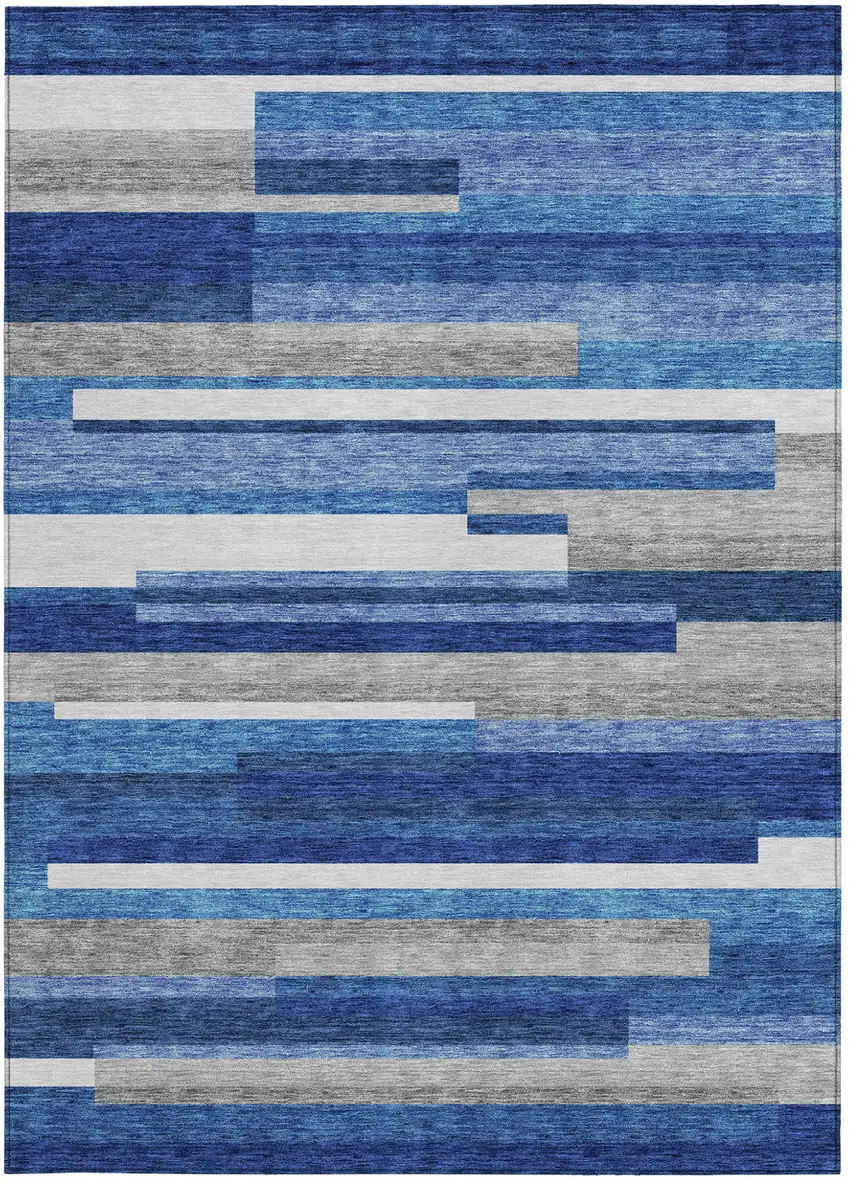 Navy Blue And Denim Blue Striped Washable Indoor Outdoor Area Rug Photo 4