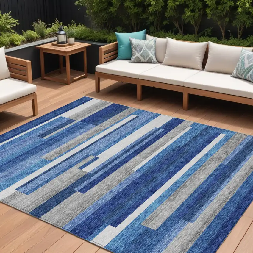 Navy Blue And Denim Blue Striped Washable Indoor Outdoor Area Rug Photo 1