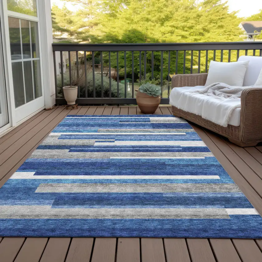 Navy Blue And Denim Blue Striped Washable Indoor Outdoor Area Rug Photo 7