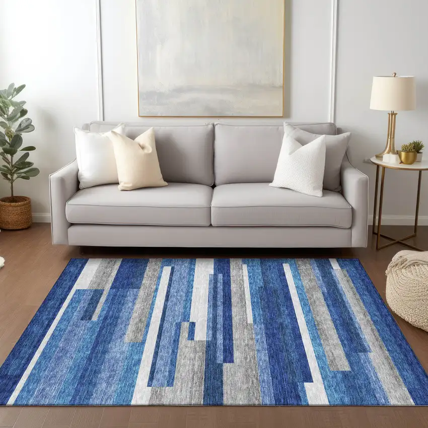 Navy Blue And Denim Blue Striped Washable Indoor Outdoor Area Rug Photo 7