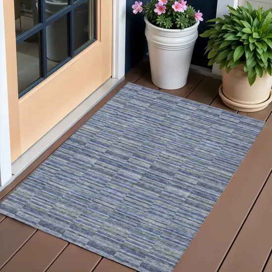 Navy Blue And Denim Blue Striped Washable Indoor Outdoor Area Rug Photo 1