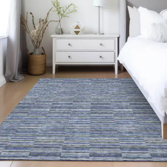 Navy Blue And Denim Blue Striped Washable Indoor Outdoor Area Rug Photo 9