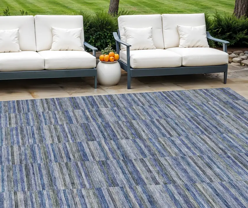 Navy Blue And Denim Blue Striped Washable Indoor Outdoor Area Rug Photo 1
