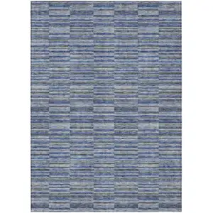Photo of Navy Blue And Denim Blue Striped Washable Indoor Outdoor Area Rug