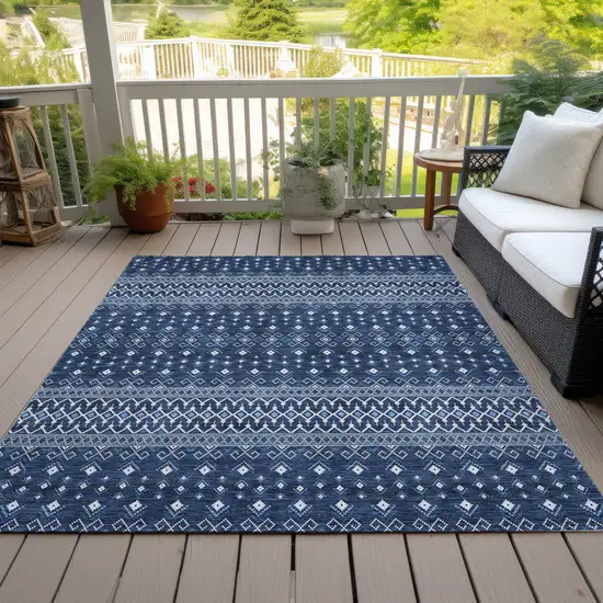 Navy Blue And Denim Blue Tribal Washable Indoor Outdoor Area Rug Photo 9