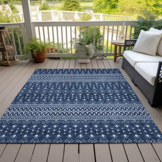 Navy Blue And Denim Blue Tribal Washable Indoor Outdoor Area Rug Photo 9