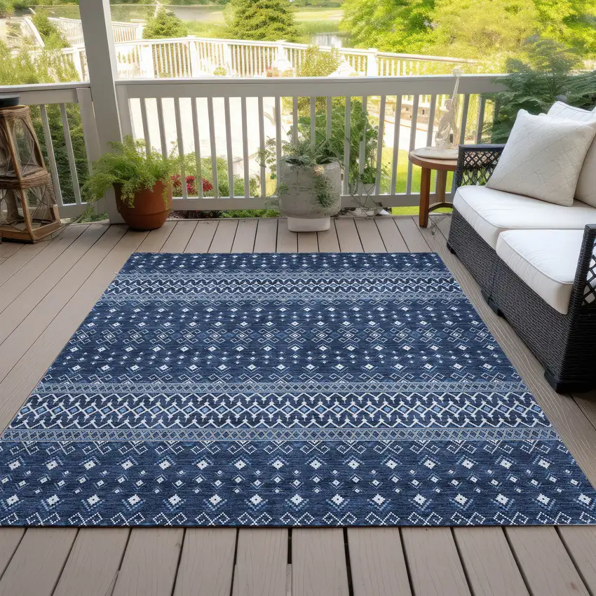 Navy Blue And Denim Blue Tribal Washable Indoor Outdoor Area Rug Photo 9